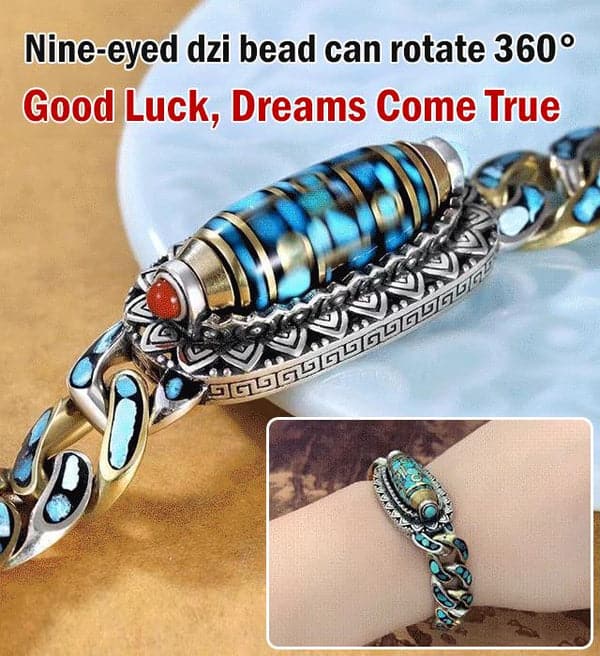 Bracelet Dzi à neuf yeux avec mantra à six caractères en turquoise